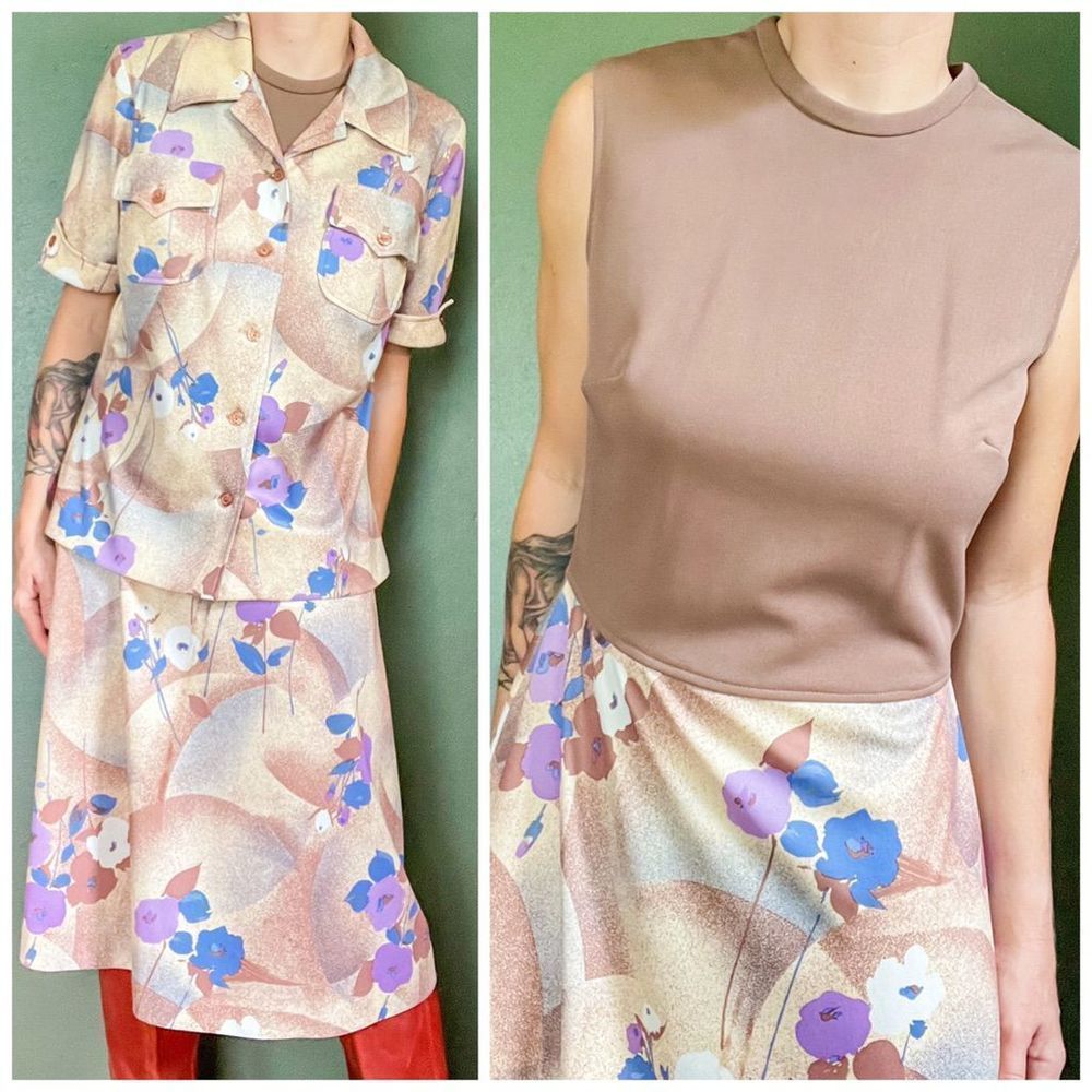 Vintage 60s 70s Polyester 2 Piece Set Color Block Safari Dress and Shirt